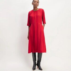 Everlane The City Stripe Ruched Dress Career Midi Red Crewneck Size 12 NWOT
